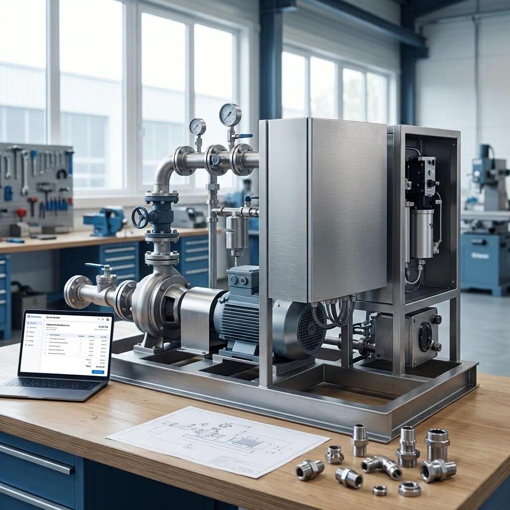 Industrial equipment beside a laptop displaying quoting software with product line items, prices, and a quote total