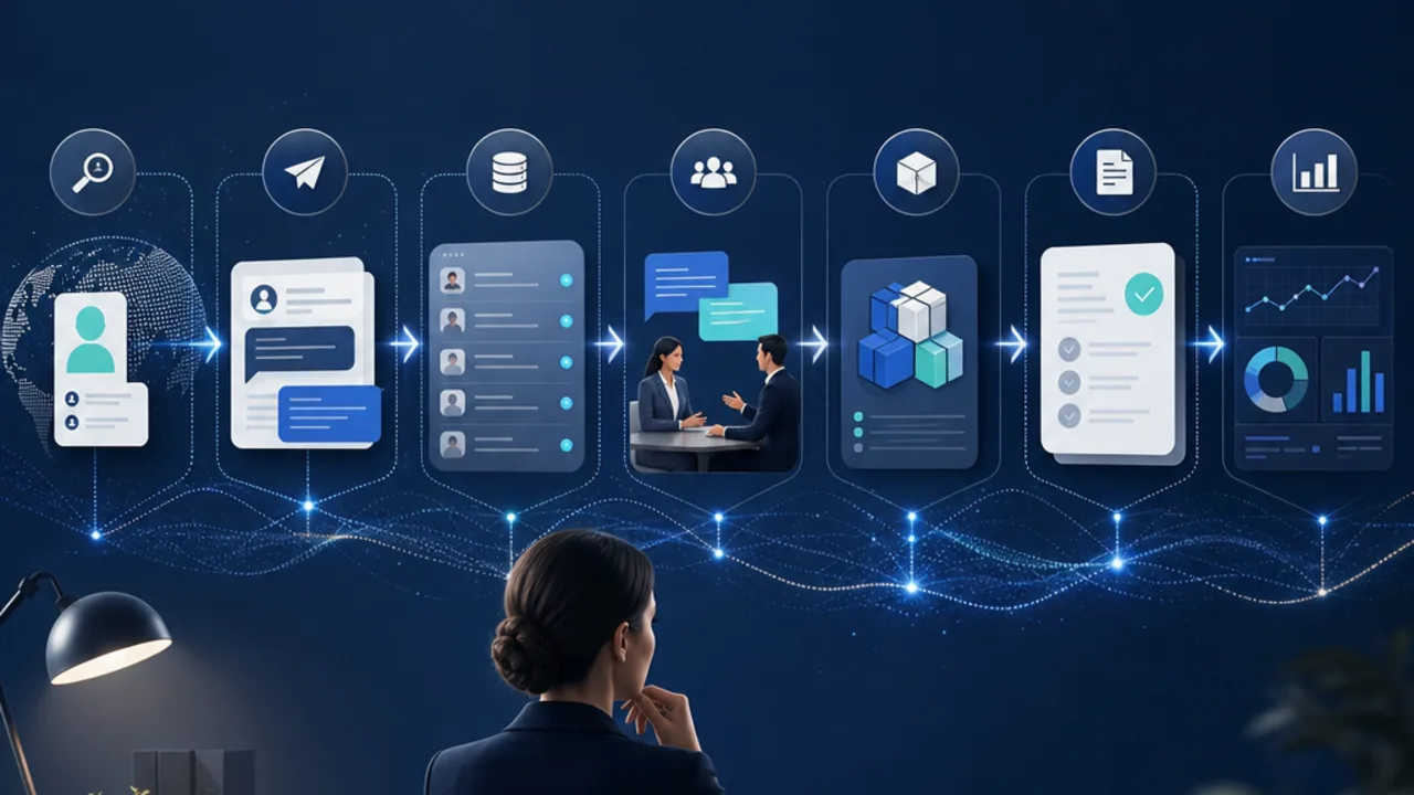 Sales leader reviewing an AI-enabled workflow from prospect research through quoting and revenue analytics