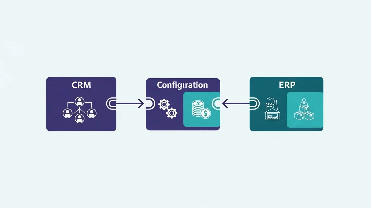 Diagram of CRM, CPQ, and ERP systems connected in one chain, with data flowing from relationship to quote to fulfillment