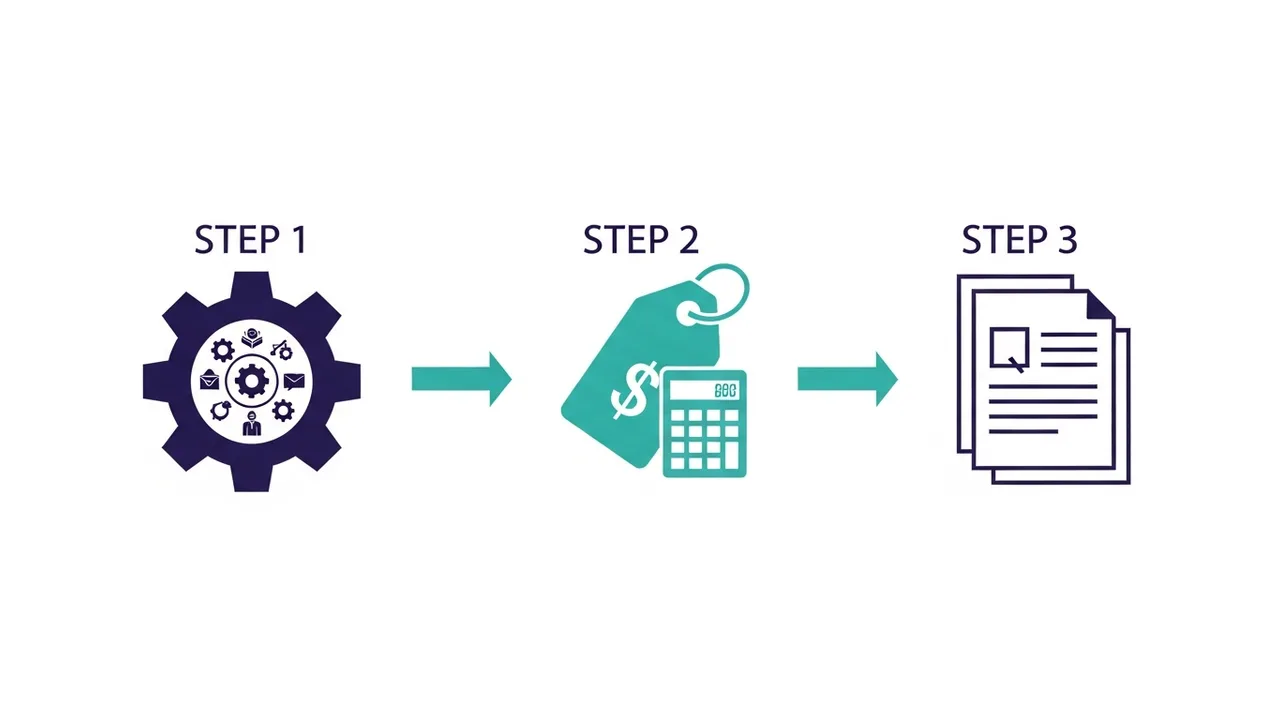 Infographic of the three CPQ stages — configure the product, calculate the price, generate the quote