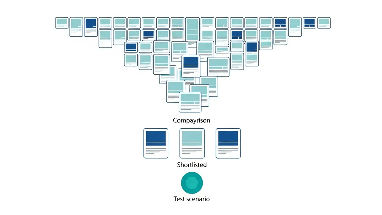 Infographic: a wide field of CPQ platforms narrowing to a shortlist of three, then a single real test scenario