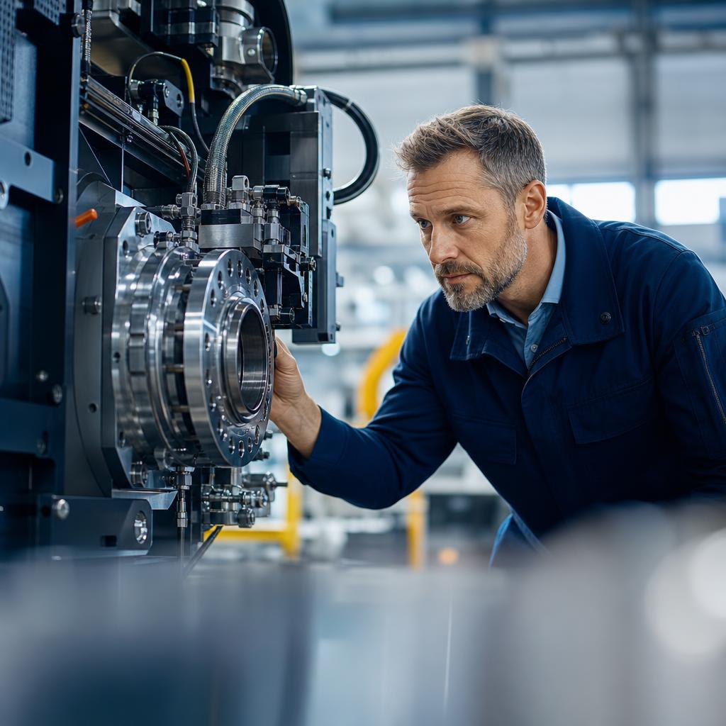Industrial engineer inspecting a precision machine on a manufacturing floor