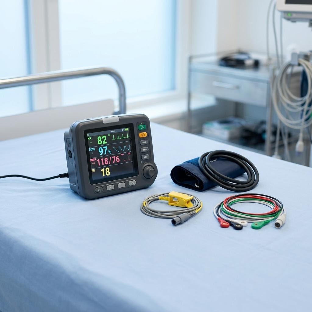 Patient monitor with a blood pressure cuff, probes, and sensor cables