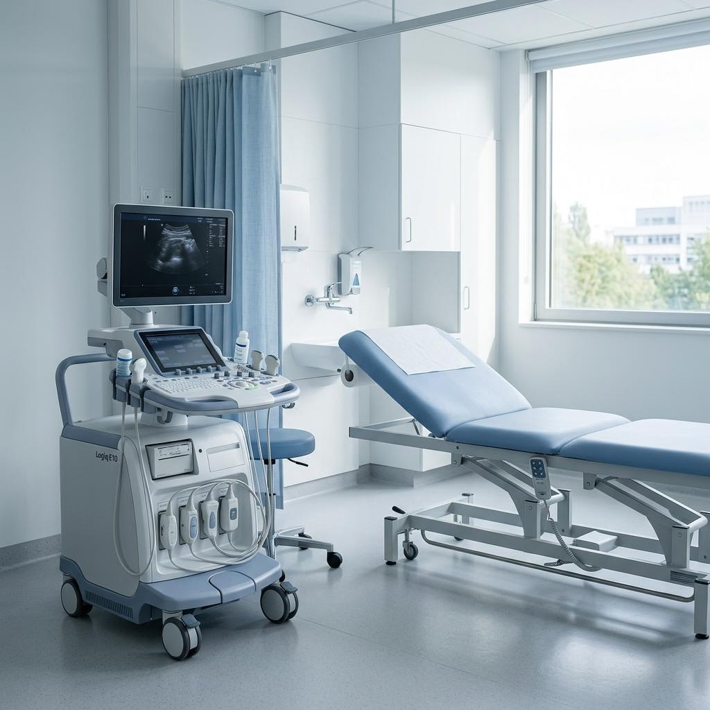 Ultrasound cart beside an examination bed in a diagnostic room