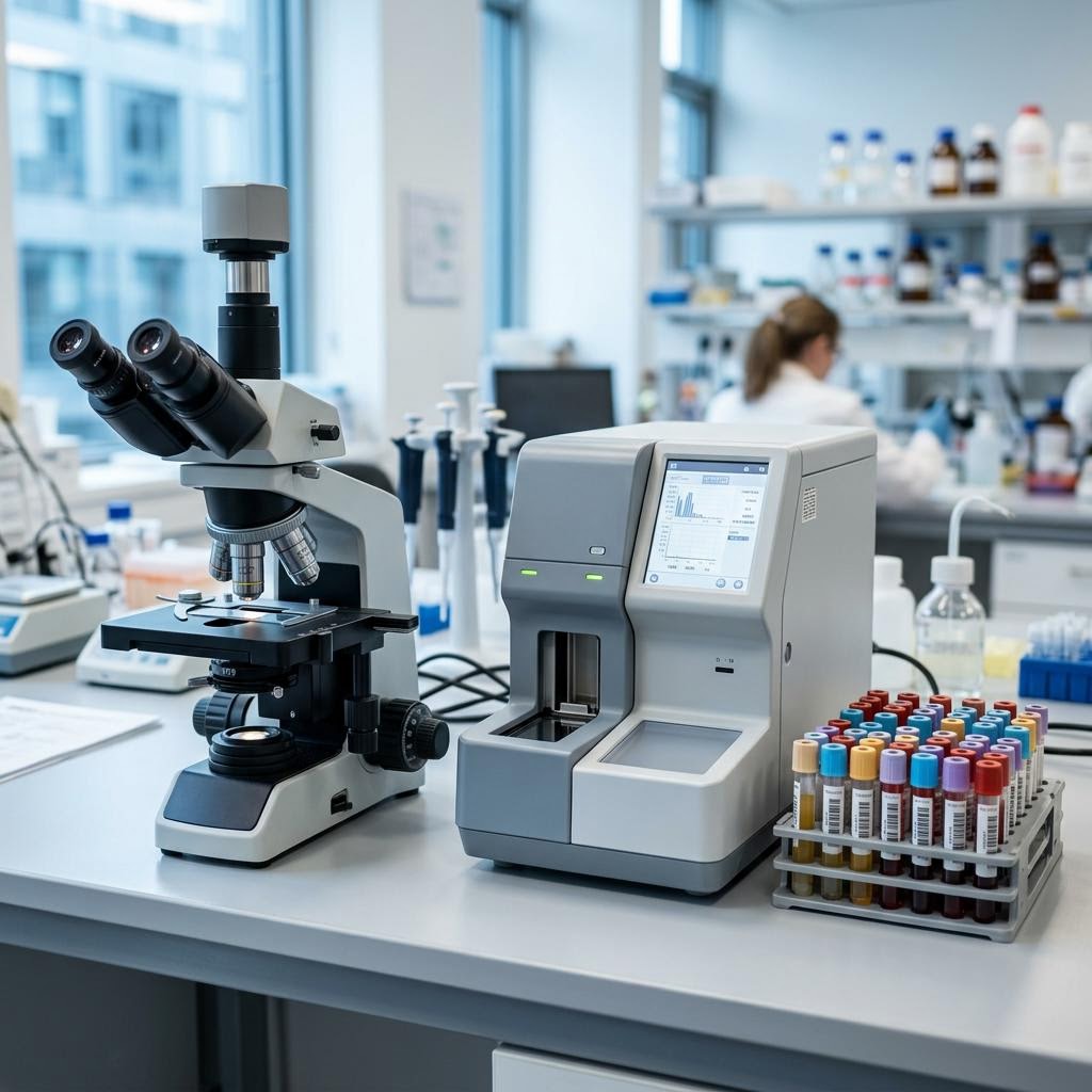 Laboratory microscope beside a sample analyzer and specimen tubes