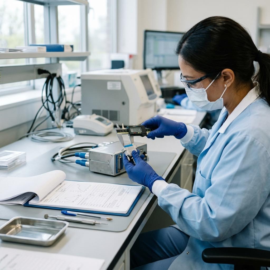 Technician inspecting a medical device connector at a quality-control bench