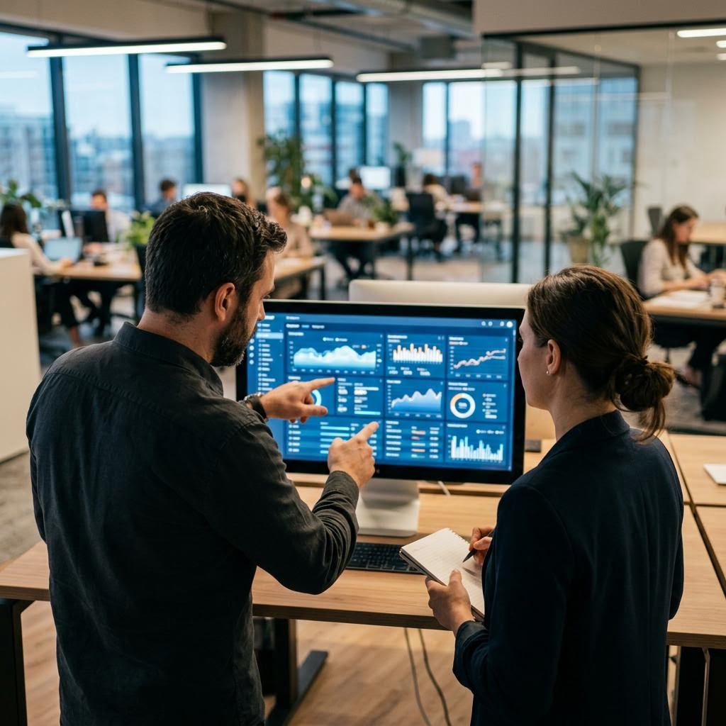 Software operations colleagues reviewing a shared workstation