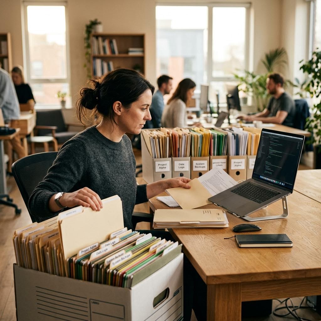 IT specialist organizing source documents beside a laptop