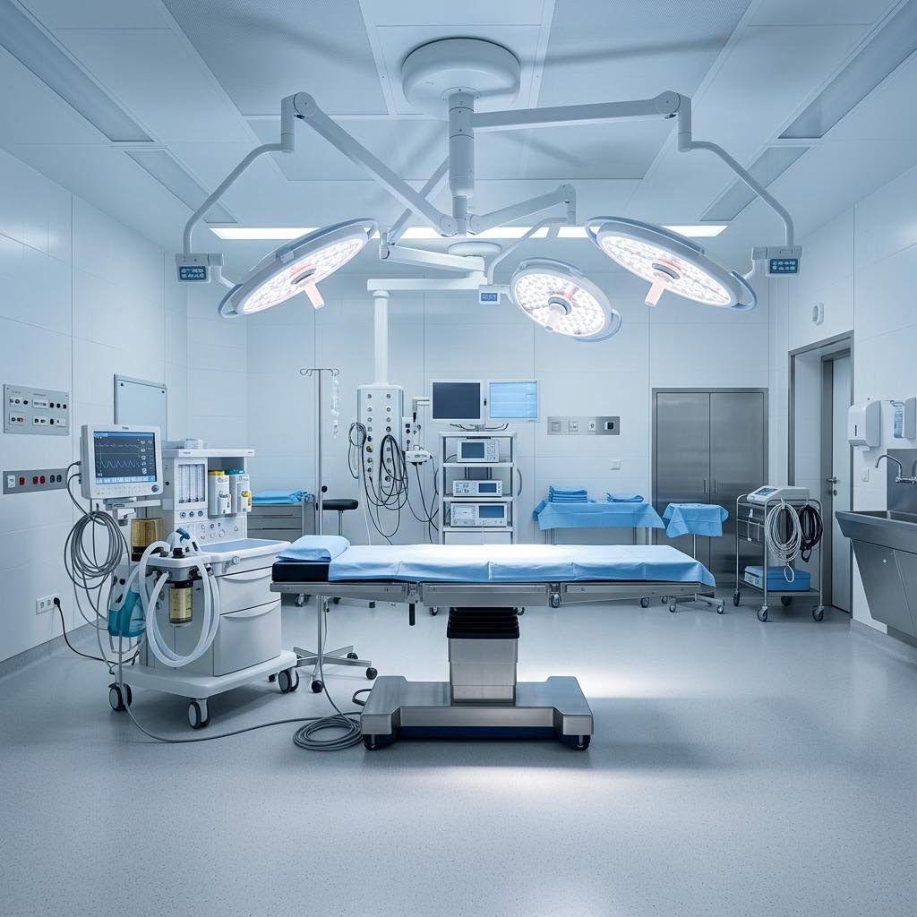 Operating theatre with surgical lights, a table, and an anesthesia station