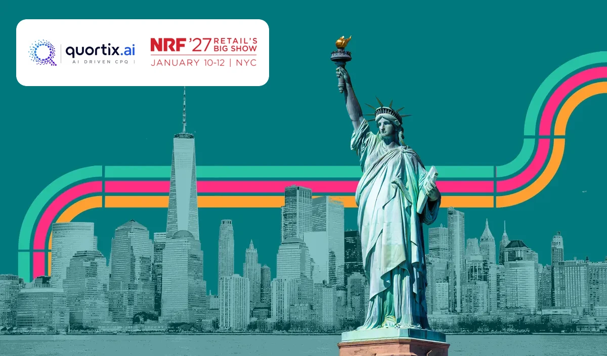 Quortix and NRF 2027 Retail’s Big Show logos above the New York skyline and Statue of Liberty