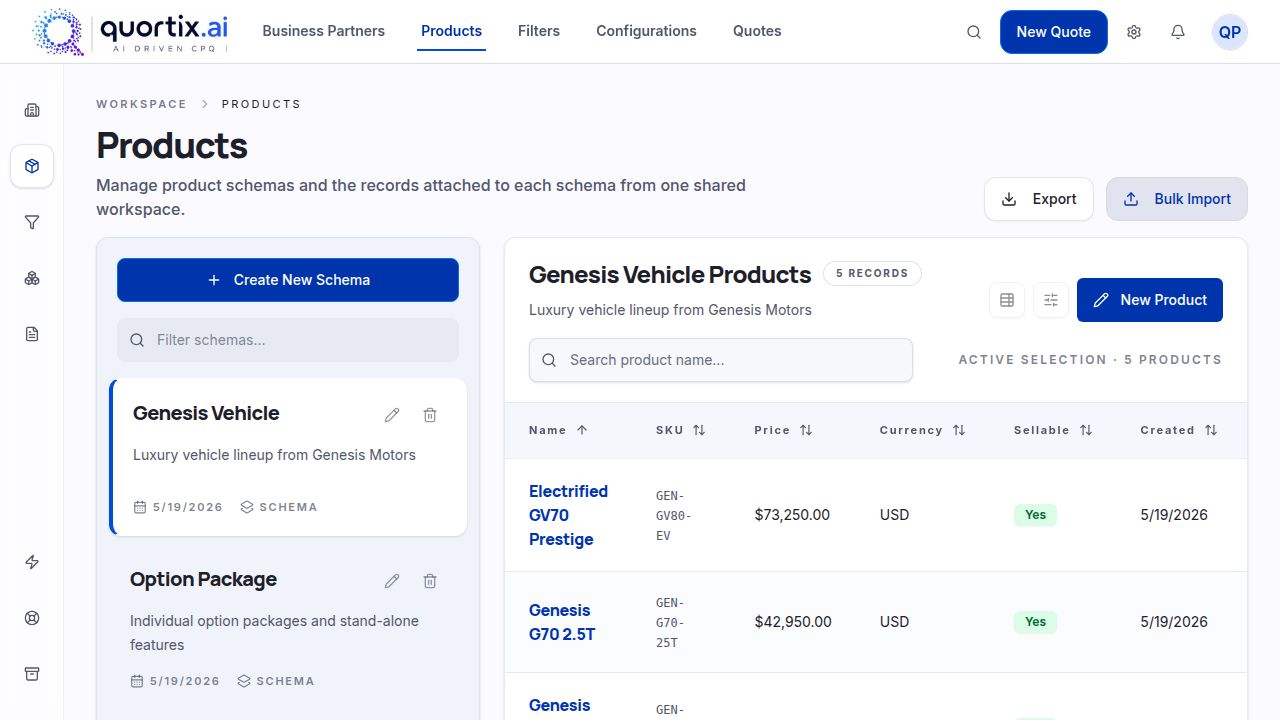 Quote Pilot product catalog with live SKUs and pricing