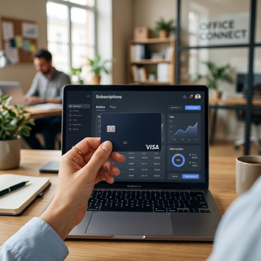 A hand holding a credit card in front of a laptop displaying a subscription billing interface