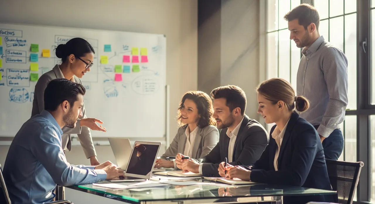 Business team reviewing a CPQ rollout timeline and metrics around a conference table